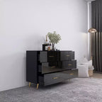 Commode à 6 tiroirs Okak avec poignées dorées et pieds en acier, grands tiroirs spacieux, meuble de rangement élégant pour l'organisation de la maison