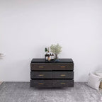 Commode à 6 tiroirs Okak avec poignées dorées et pieds en acier, grands tiroirs spacieux, meuble de rangement élégant pour l'organisation de la maison