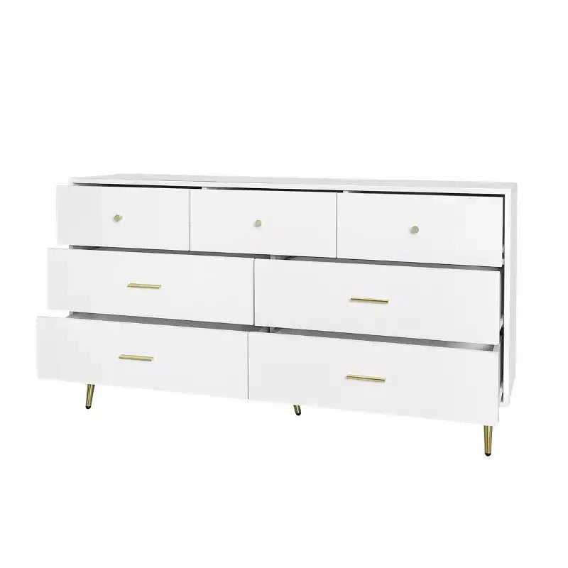 Commode à 6 tiroirs Okak avec poignées dorées et pieds en acier, grands tiroirs spacieux, meuble de rangement élégant pour l'organisation de la maison