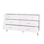 Commode à 6 tiroirs Okak avec poignées dorées et pieds en acier, grands tiroirs spacieux, meuble de rangement élégant pour l'organisation de la maison