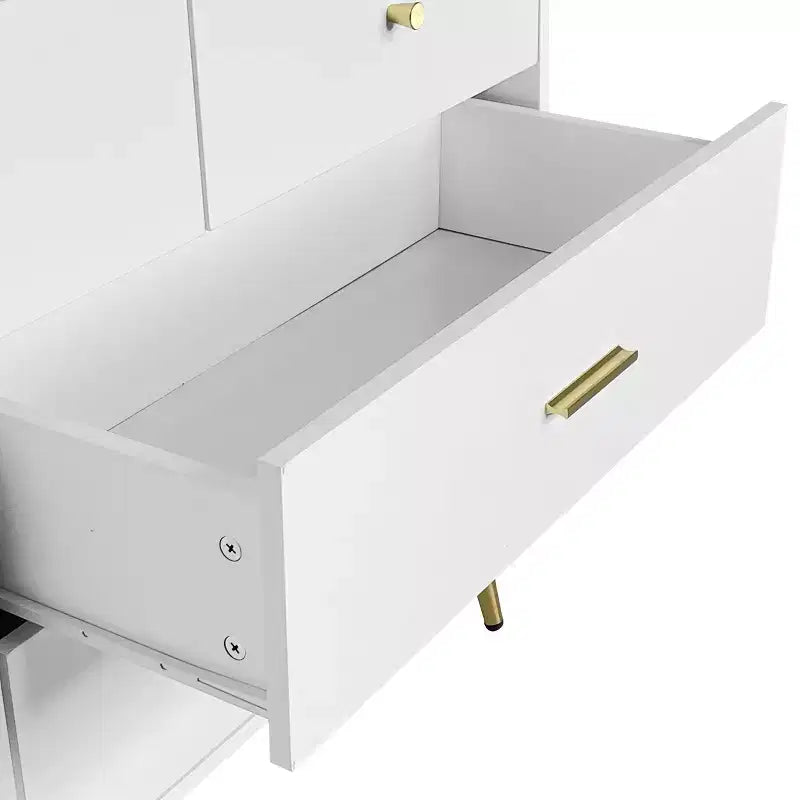Commode à 6 tiroirs Okak avec poignées dorées et pieds en acier, grands tiroirs spacieux, meuble de rangement élégant pour l'organisation de la maison