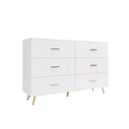 Commode à 6 tiroirs Okak avec poignées dorées et pieds en acier, grands tiroirs spacieux, meuble de rangement élégant pour l'organisation de la maison
