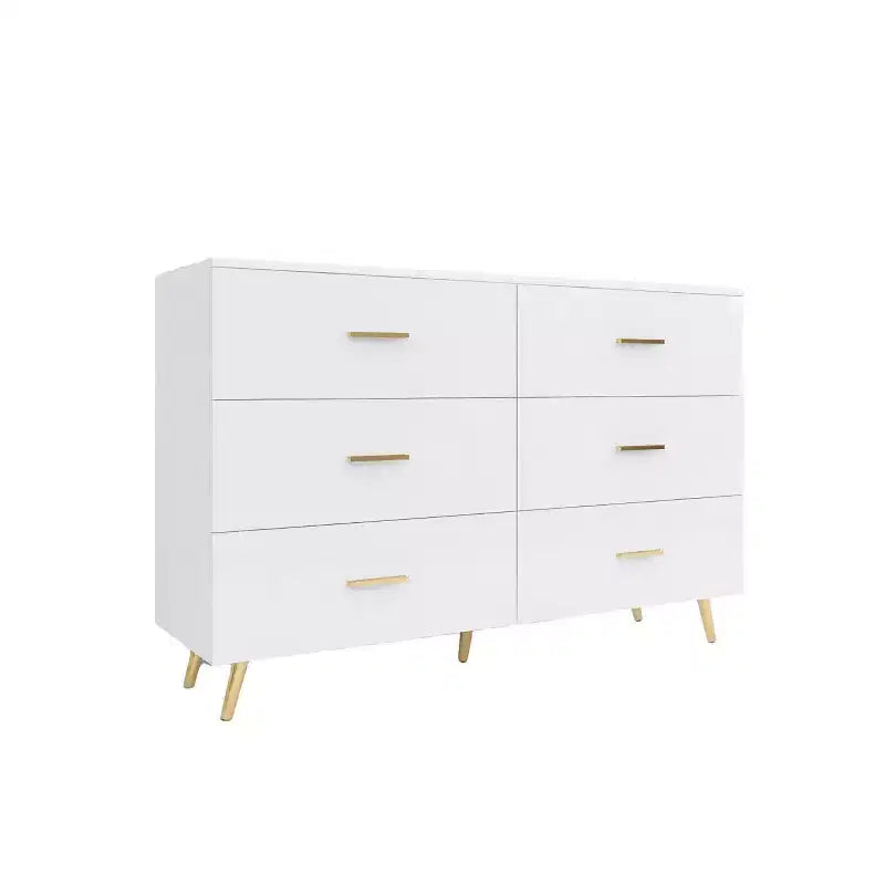 Commode à 6 tiroirs Okak avec poignées dorées et pieds en acier, grands tiroirs spacieux, meuble de rangement élégant pour l'organisation de la maison