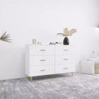 Commode à 6 tiroirs Okak avec poignées dorées et pieds en acier, grands tiroirs spacieux, meuble de rangement élégant pour l'organisation de la maison