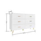 Commode à 6 tiroirs Okak avec poignées dorées et pieds en acier, grands tiroirs spacieux, meuble de rangement élégant pour l'organisation de la maison