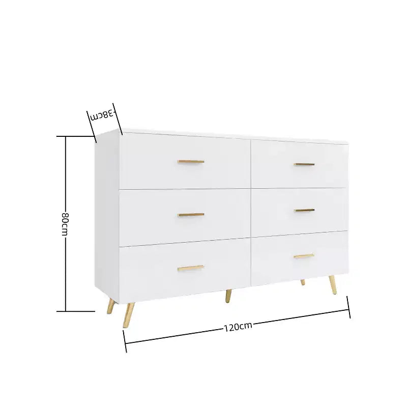 Commode à 6 tiroirs Okak avec poignées dorées et pieds en acier, grands tiroirs spacieux, meuble de rangement élégant pour l'organisation de la maison