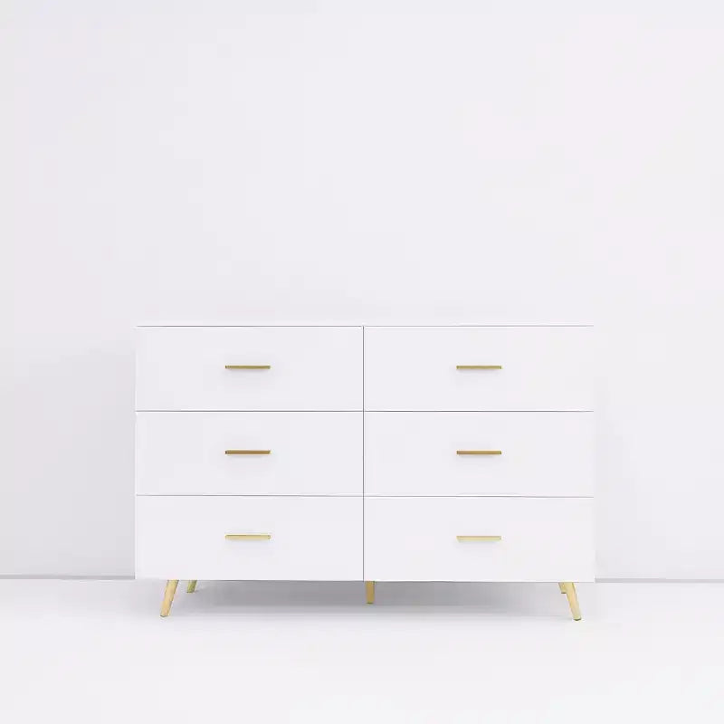Commode à 6 tiroirs Okak avec poignées dorées et pieds en acier, grands tiroirs spacieux, meuble de rangement élégant pour l'organisation de la maison
