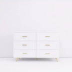 Commode à 6 tiroirs Okak avec poignées dorées et pieds en acier, grands tiroirs spacieux, meuble de rangement élégant pour l'organisation de la maison