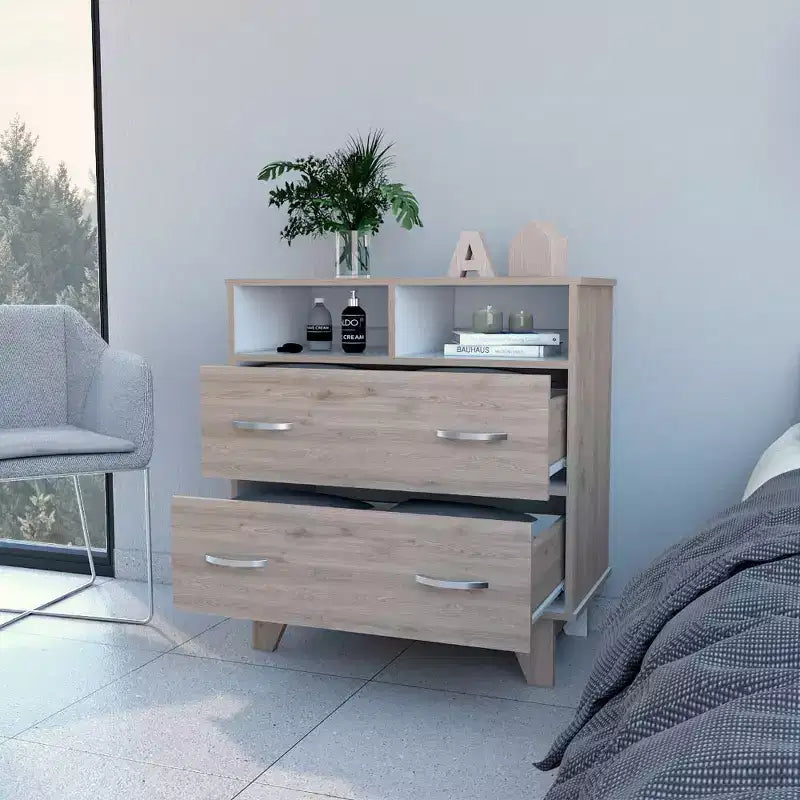 Commode Okak à 2 tiroirs avec étagères, 80 cm de large, rangement fin pour chambre/dortoir, double étagères ouvertes + tiroirs profonds, design minimaliste et peu encombrant