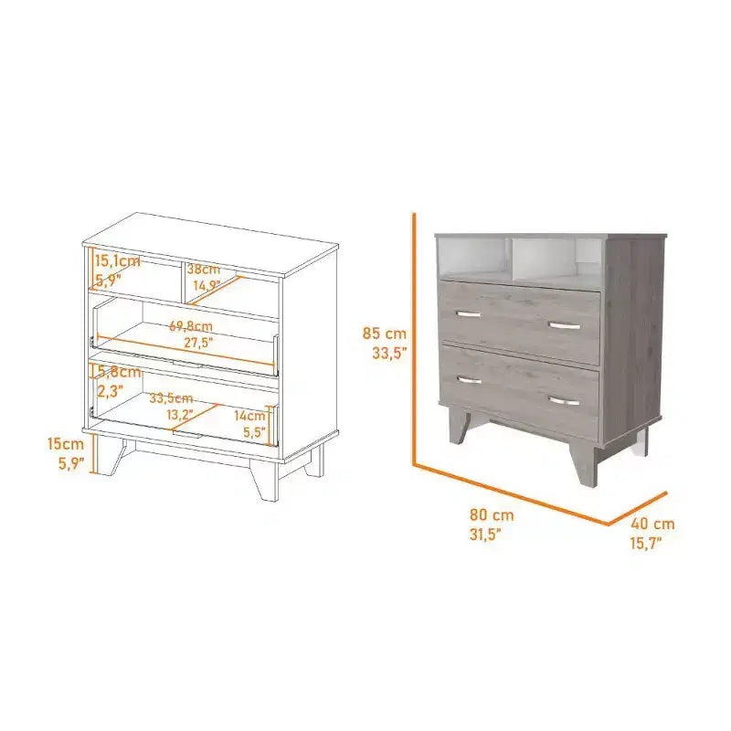 Commode Okak à 2 tiroirs avec étagères, 80 cm de large, rangement fin pour chambre/dortoir, double étagères ouvertes + tiroirs profonds, design minimaliste et peu encombrant