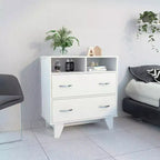 Commode Okak à 2 tiroirs avec étagères, 80 cm de large, rangement fin pour chambre/dortoir, double étagères ouvertes + tiroirs profonds, design minimaliste et peu encombrant