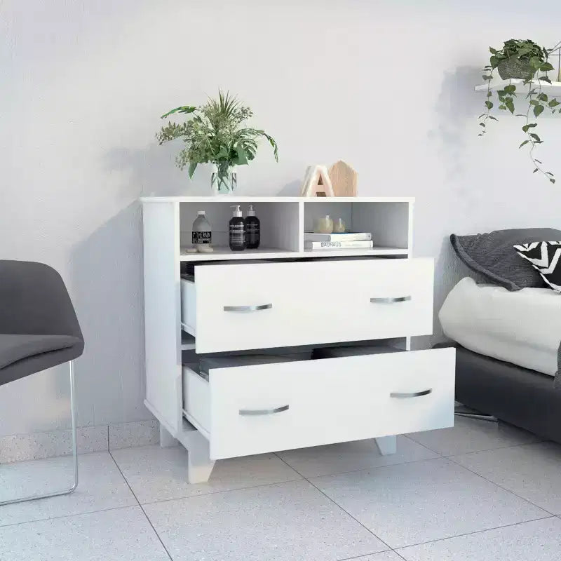 Commode Okak à 2 tiroirs avec étagères, 80 cm de large, rangement fin pour chambre/dortoir, double étagères ouvertes + tiroirs profonds, design minimaliste et peu encombrant