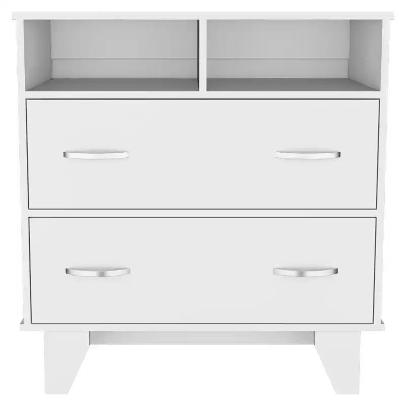 Commode Okak à 2 tiroirs avec étagères, 80 cm de large, rangement fin pour chambre/dortoir, double étagères ouvertes + tiroirs profonds, design minimaliste et peu encombrant
