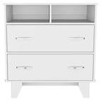 Commode Okak à 2 tiroirs avec étagères, 80 cm de large, rangement fin pour chambre/dortoir, double étagères ouvertes + tiroirs profonds, design minimaliste et peu encombrant