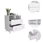 Commode Okak à 2 tiroirs avec étagères, 80 cm de large, rangement fin pour chambre/dortoir, double étagères ouvertes + tiroirs profonds, design minimaliste et peu encombrant