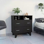 Commode Okak à 2 tiroirs avec étagères, 80 cm de large, rangement fin pour chambre/dortoir, double étagères ouvertes + tiroirs profonds, design minimaliste et peu encombrant
