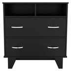 Commode Okak à 2 tiroirs avec étagères, 80 cm de large, rangement fin pour chambre/dortoir, double étagères ouvertes + tiroirs profonds, design minimaliste et peu encombrant