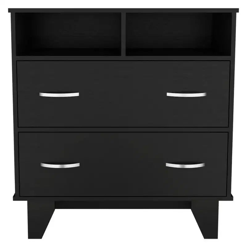 Commode Okak à 2 tiroirs avec étagères, 80 cm de large, rangement fin pour chambre/dortoir, double étagères ouvertes + tiroirs profonds, design minimaliste et peu encombrant