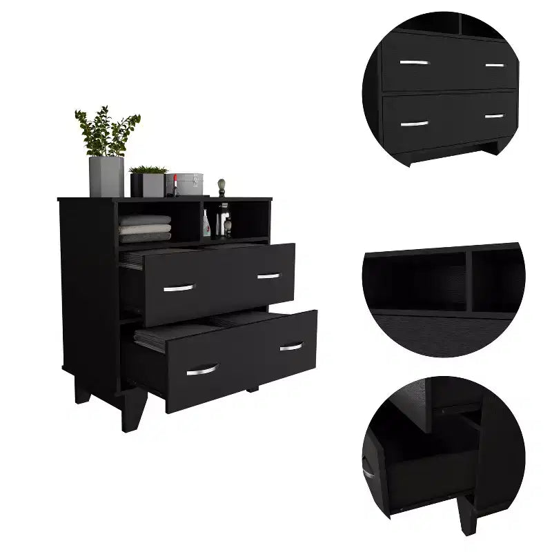 Commode Okak à 2 tiroirs avec étagères, 80 cm de large, rangement fin pour chambre/dortoir, double étagères ouvertes + tiroirs profonds, design minimaliste et peu encombrant