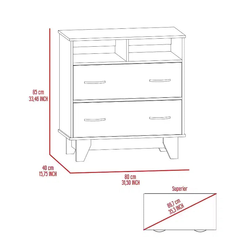 Commode Okak à 2 tiroirs avec étagères, 80 cm de large, rangement fin pour chambre/dortoir, double étagères ouvertes + tiroirs profonds, design minimaliste et peu encombrant