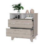 Commode Okak à 2 tiroirs avec étagères, 80 cm de large, rangement fin pour chambre/dortoir, double étagères ouvertes + tiroirs profonds, design minimaliste et peu encombrant