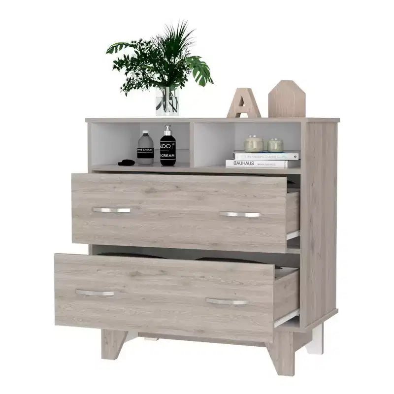 Commode Okak à 2 tiroirs avec étagères, 80 cm de large, rangement fin pour chambre/dortoir, double étagères ouvertes + tiroirs profonds, design minimaliste et peu encombrant