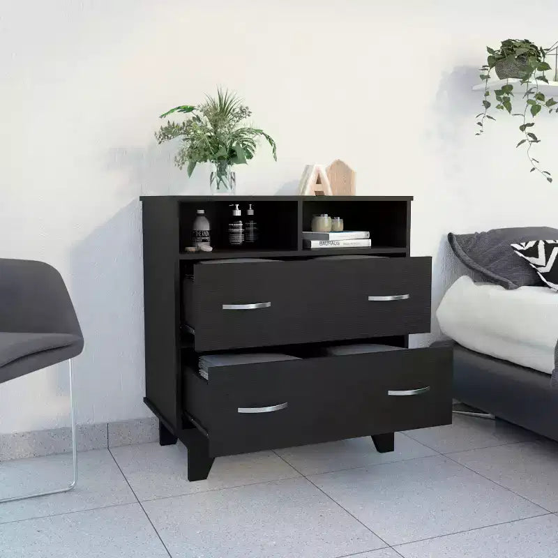 Okak 2-Drawer Dresser with Shelves 31.5 W Slim Storage for Bedroom/Dorm, Dual Open Shelves + Deep Drawers, Minimalist Space-Efficient Design