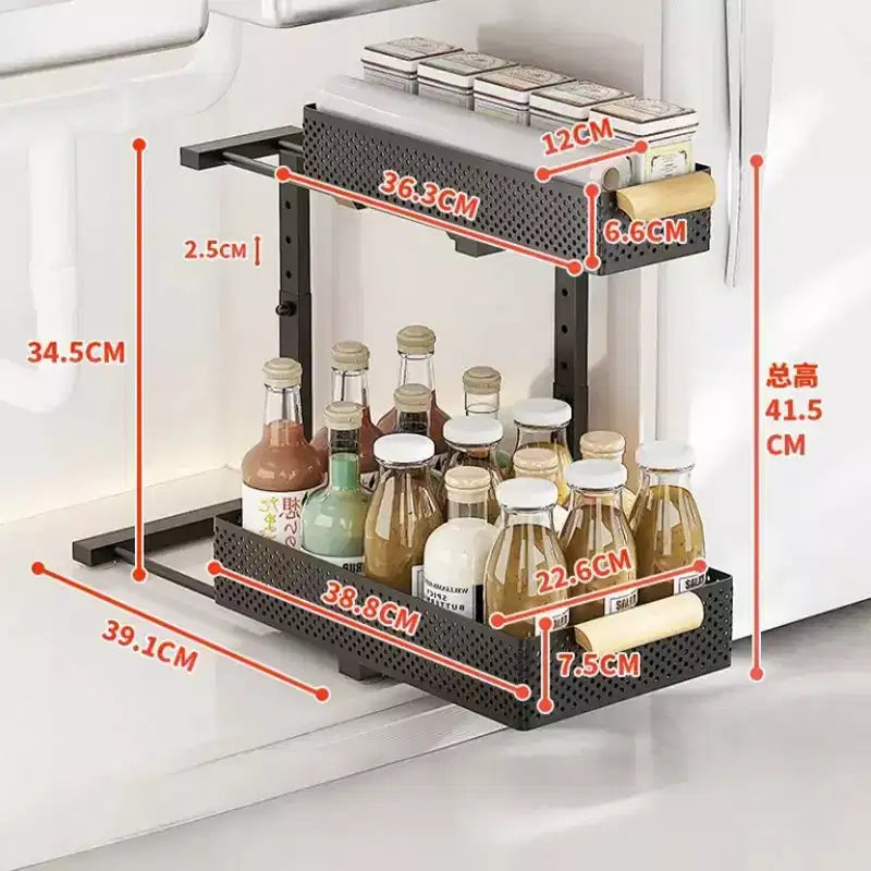 Organisateur sous évier, 2 paquets de rangement sous évier à 2 niveaux, étagère coulissante à tiroir pour armoire