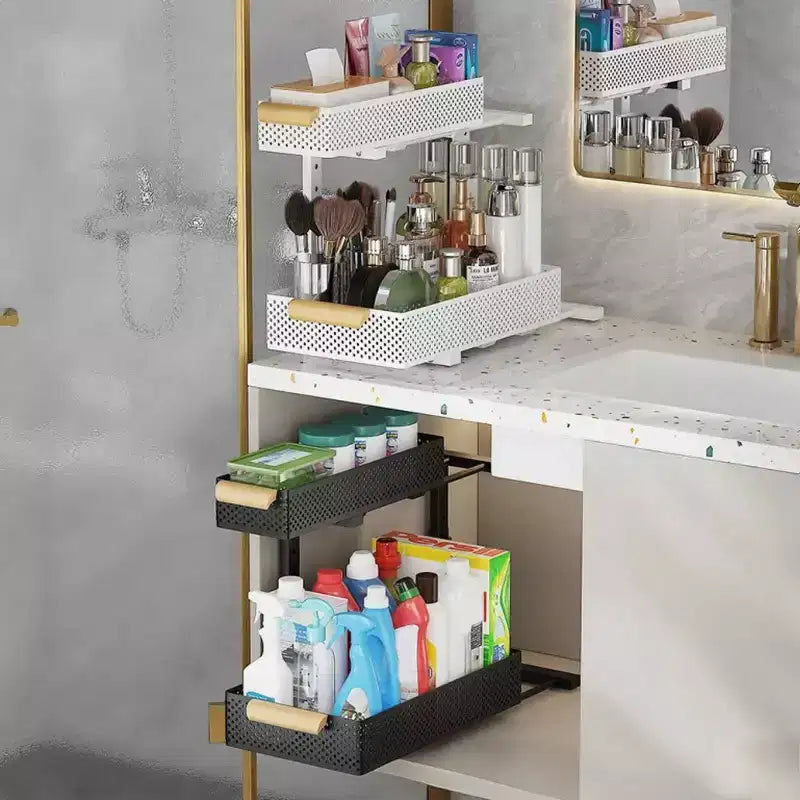 Organisateur sous évier, 2 paquets de rangement sous évier à 2 niveaux, étagère coulissante à tiroir pour armoire