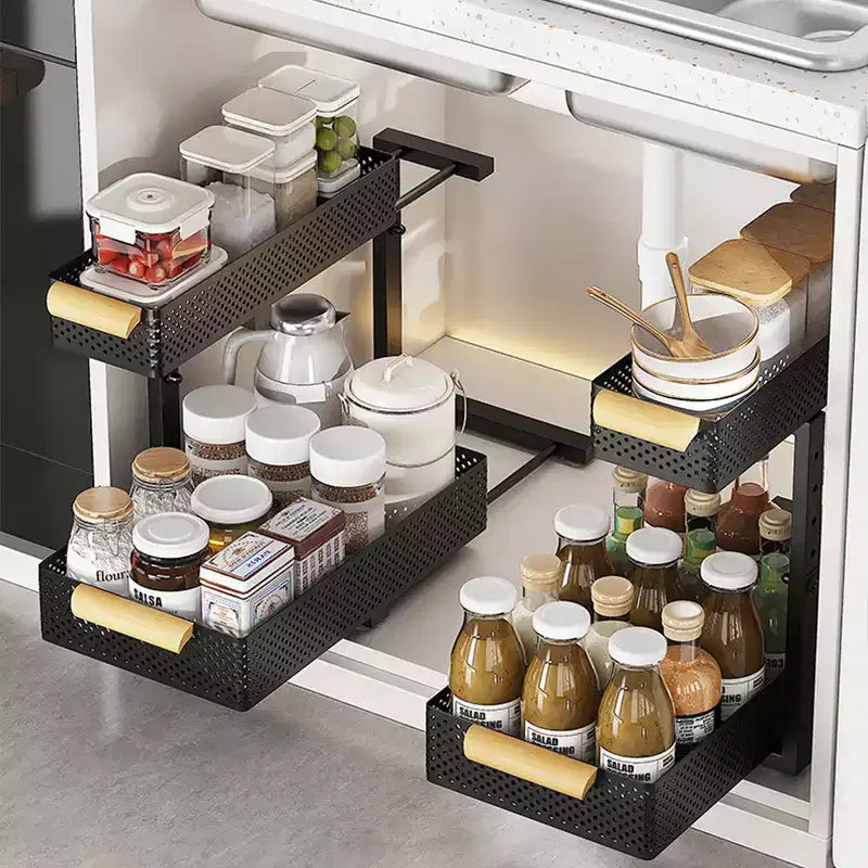 Organisateur sous évier, 2 paquets de rangement sous évier à 2 niveaux, étagère coulissante à tiroir pour armoire