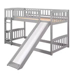 Lit superposé avec toboggan, lits superposés bas doubles avec clôture et échelle pour enfants et adolescents, blanc