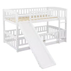 Lit superposé avec toboggan, lits superposés bas doubles avec clôture et échelle pour enfants et adolescents, blanc
