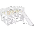 Lit superposé avec toboggan, lits superposés bas doubles avec clôture et échelle pour enfants et adolescents, blanc
