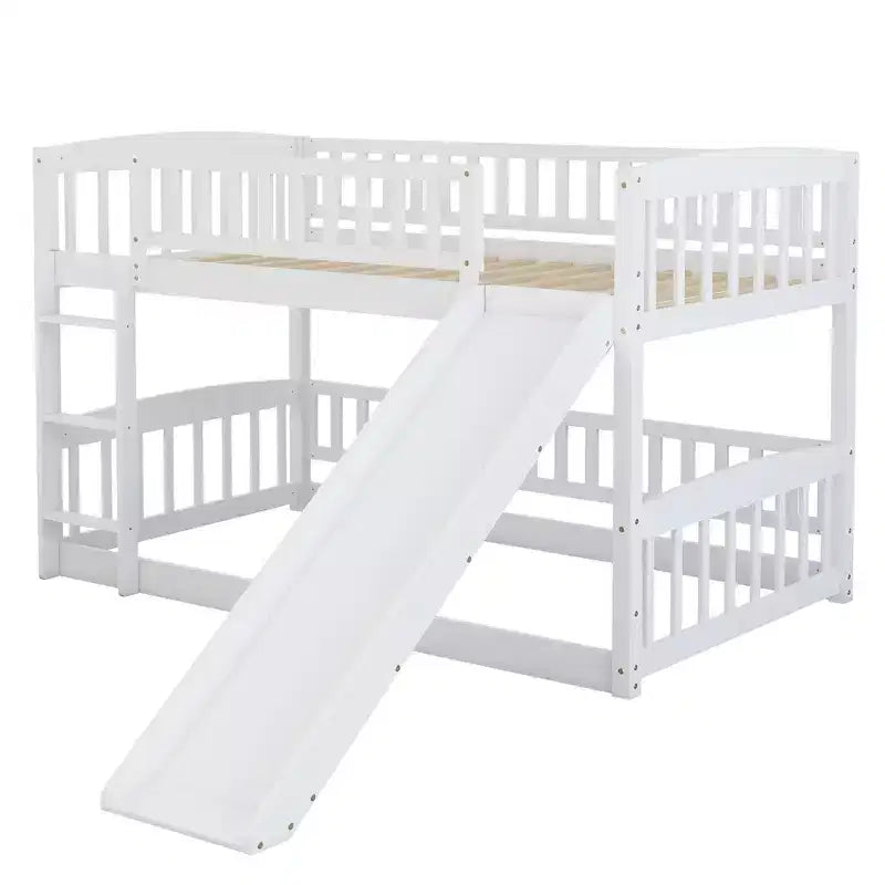 Lit superposé avec toboggan, lits superposés bas doubles avec clôture et échelle pour enfants et adolescents, blanc