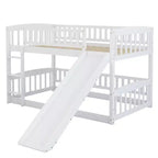 Lit superposé avec toboggan, lits superposés bas doubles avec clôture et échelle pour enfants et adolescents, blanc