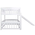 Lit superposé avec toboggan, lits superposés bas doubles avec clôture et échelle pour enfants et adolescents, blanc