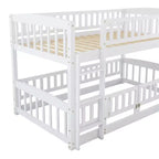 Lit superposé avec toboggan, lits superposés bas doubles avec clôture et échelle pour enfants et adolescents, blanc