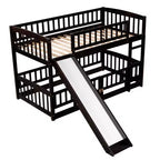 Lit superposé avec toboggan, lits superposés bas doubles avec clôture et échelle pour enfants et adolescents, blanc