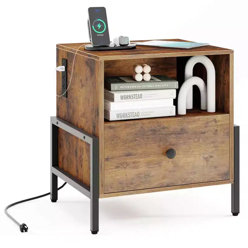 Costway Set of 1/2 Nightstand with Charging Station Bedside Table with Storage Shelf Side Table