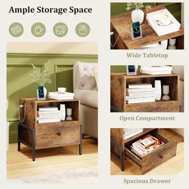 Costway Lot de 1/2 tables de chevet avec station de charge, table de nuit avec étagère de rangement, table d'appoint