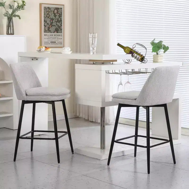 MAYEERTY Lot de 2 tabourets de bar pivotants de hauteur comptoir à 360 degrés, rembourrés, en lin blanc cassé de 65 cm pour îlot de cuisine et pub