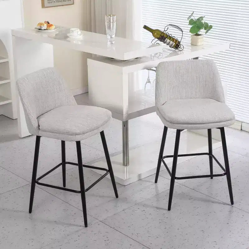 MAYEERTY Lot de 2 tabourets de bar pivotants de hauteur comptoir à 360 degrés, rembourrés, en lin blanc cassé de 65 cm pour îlot de cuisine et pub