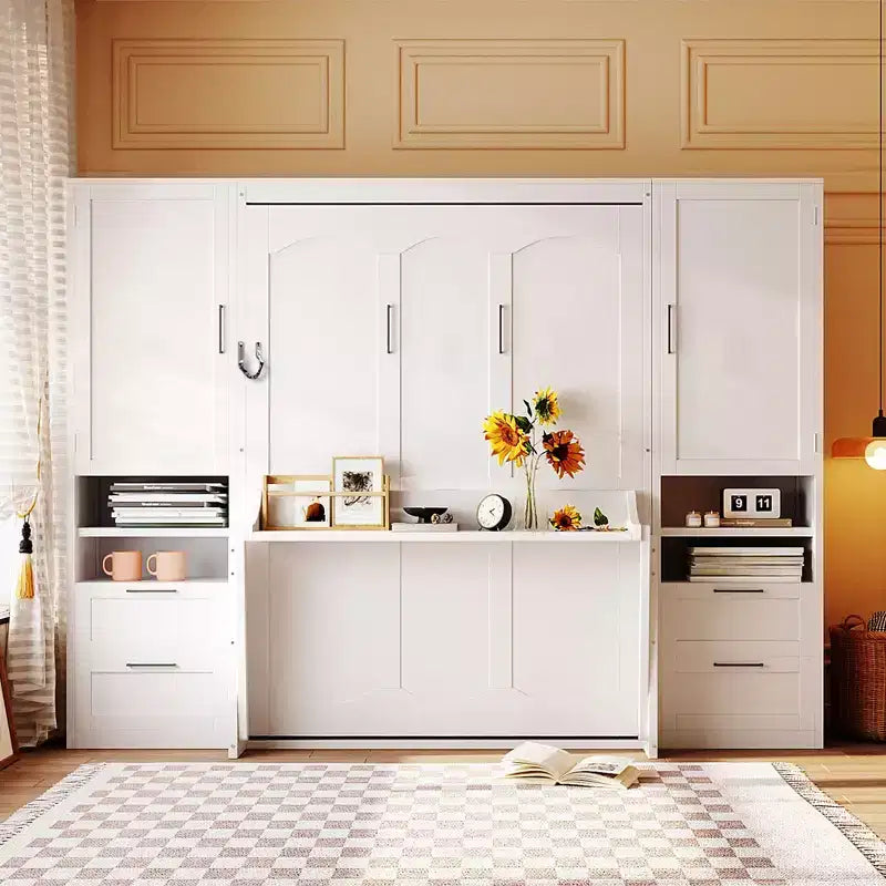Lit escamotable ModernLuxe pleine ou grande taille avec placard, tiroirs et étagères, lit pliant peu encombrant pour chambre, blanc/gris