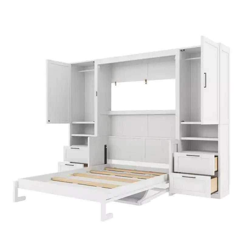 Lit escamotable ModernLuxe pleine ou grande taille avec placard, tiroirs et étagères, lit pliant peu encombrant pour chambre, blanc/gris