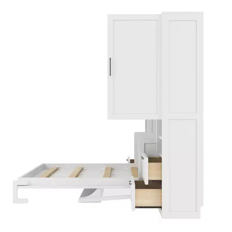 Lit escamotable ModernLuxe pleine ou grande taille avec placard, tiroirs et étagères, lit pliant peu encombrant pour chambre, blanc/gris