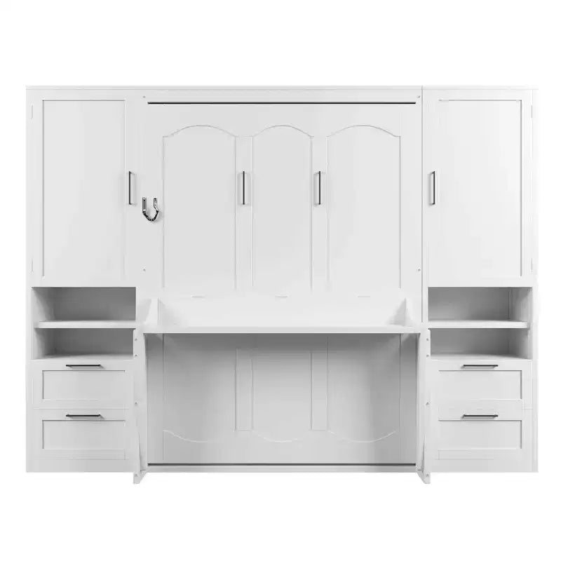 Lit escamotable ModernLuxe pleine ou grande taille avec placard, tiroirs et étagères, lit pliant peu encombrant pour chambre, blanc/gris