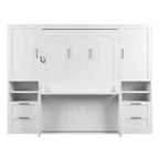 Lit escamotable ModernLuxe pleine ou grande taille avec placard, tiroirs et étagères, lit pliant peu encombrant pour chambre, blanc/gris