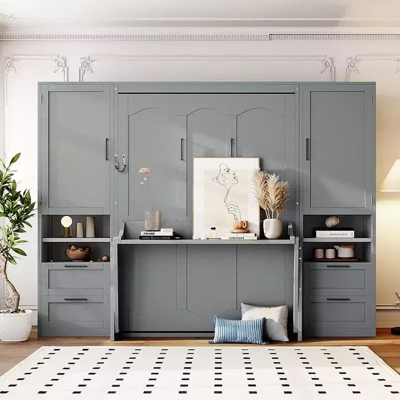 Lit escamotable ModernLuxe pleine ou grande taille avec placard, tiroirs et étagères, lit pliant peu encombrant pour chambre, blanc/gris