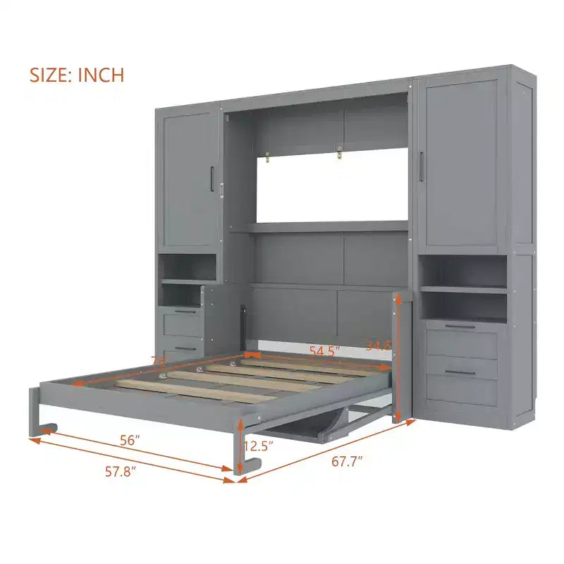Lit escamotable ModernLuxe pleine ou grande taille avec placard, tiroirs et étagères, lit pliant peu encombrant pour chambre, blanc/gris