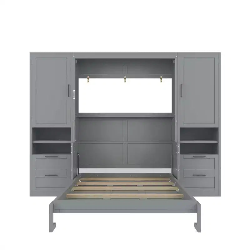 Lit escamotable ModernLuxe pleine ou grande taille avec placard, tiroirs et étagères, lit pliant peu encombrant pour chambre, blanc/gris